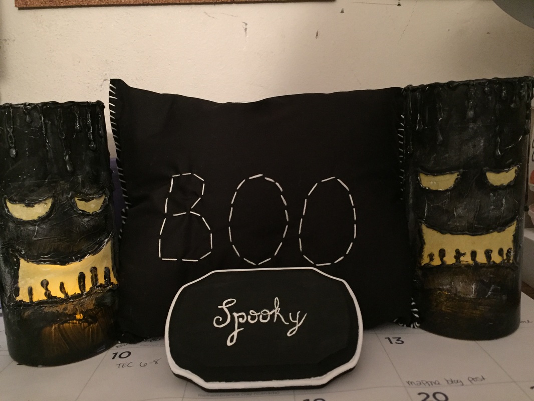 diy, halloween, decor, halloween decor, diy halloween decor, decorations, halloween decorations, candle holders, throw pillow, pillow, plaque, spooky, boo, scary face, scary