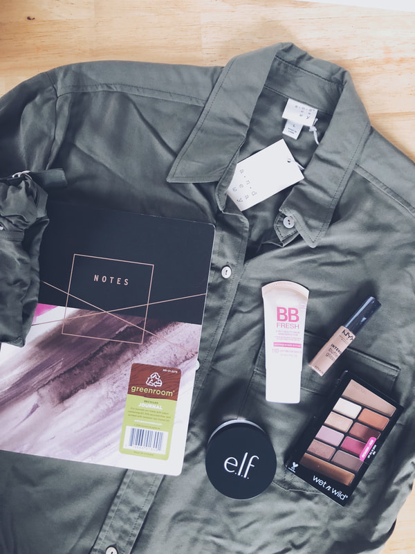 Target Haul: A New Day Utility Blouse, Greenroom geode notebook, Maybelline BB Cream, Elf HD Powder, Wet'N'Wild rose in the air eyeshadow palette, and nyx intense butter gloss