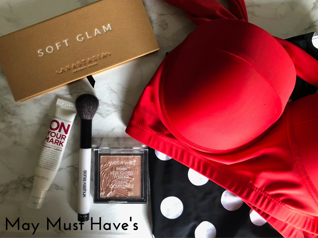 May Must Have Products: Anastasia Beverly Hills Soft Glam Palette, Formula 10.0.6 on your mark acne treatment, sonia kashuk blush brush, wet n wild highligther, and a retro high waisted bikini